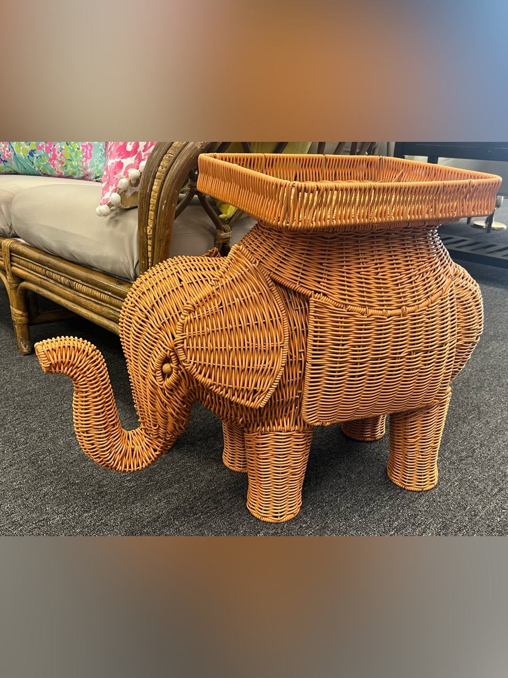 Wicker Elephant Accent Table - Natural Brown